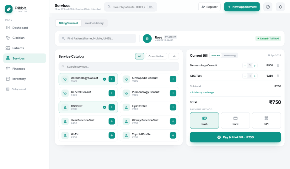 Fribbix billing and point-of-sale terminal with UPI, card and cash and automatic GST