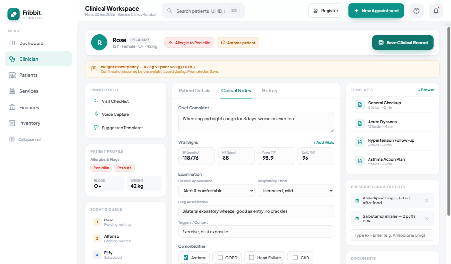 Fribbix AI clinical workspace with SOAP notes, vitals and e-prescription
